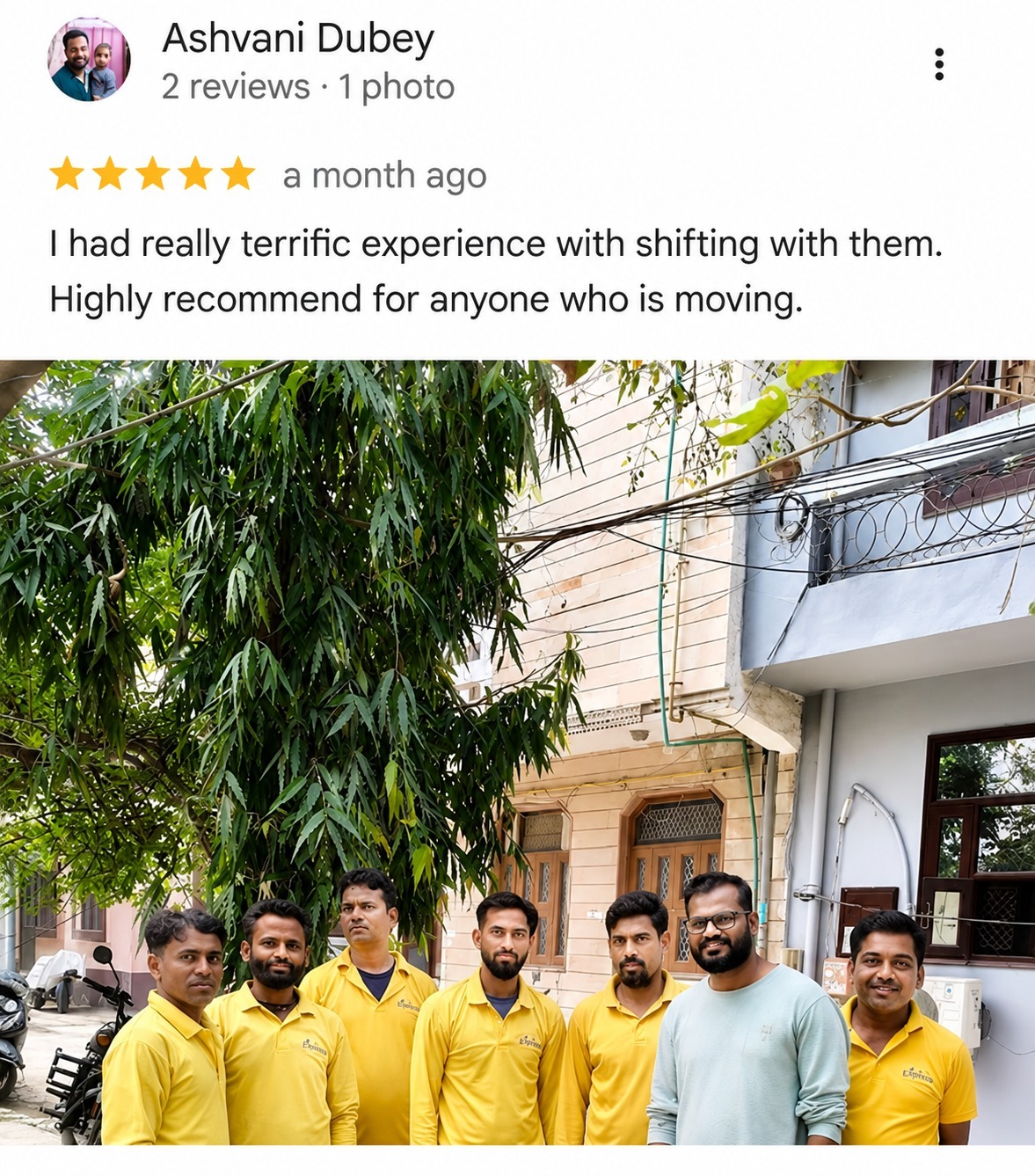 Google review from Ashvani Dubey - terrific home shifting experience with Express Packers and Movers Dwarka